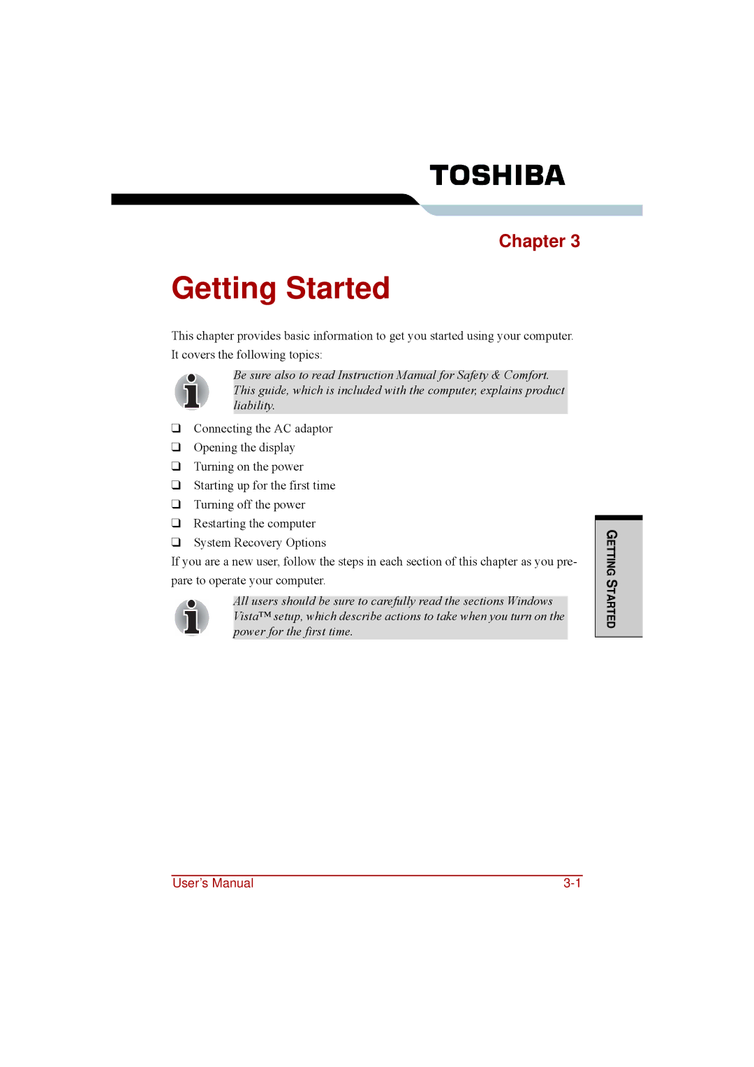 Toshiba a210 user manual Getting Started, Chapter 