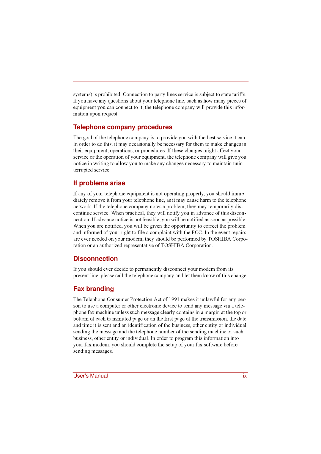 Toshiba a210 user manual Telephone company procedures, If problems arise, Disconnection, Fax branding 