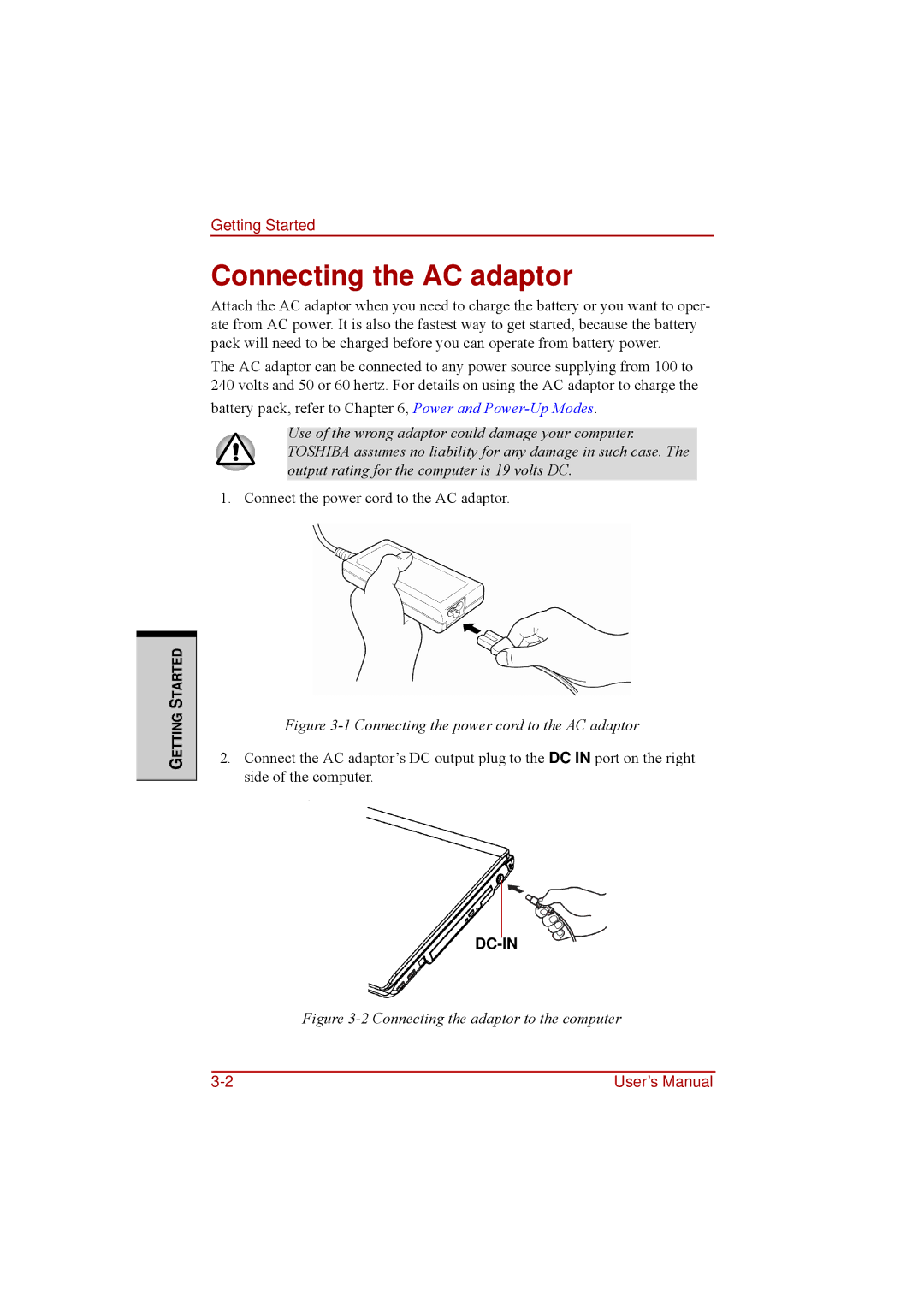 Toshiba a210 user manual Connecting the AC adaptor, Dc-In 