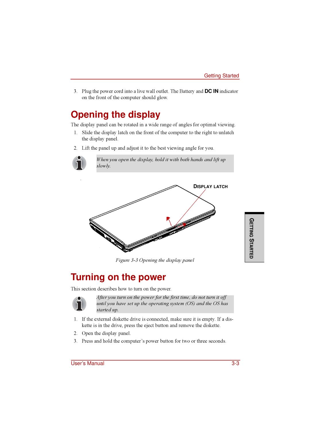 Toshiba a210 user manual Opening the display, Turning on the power 