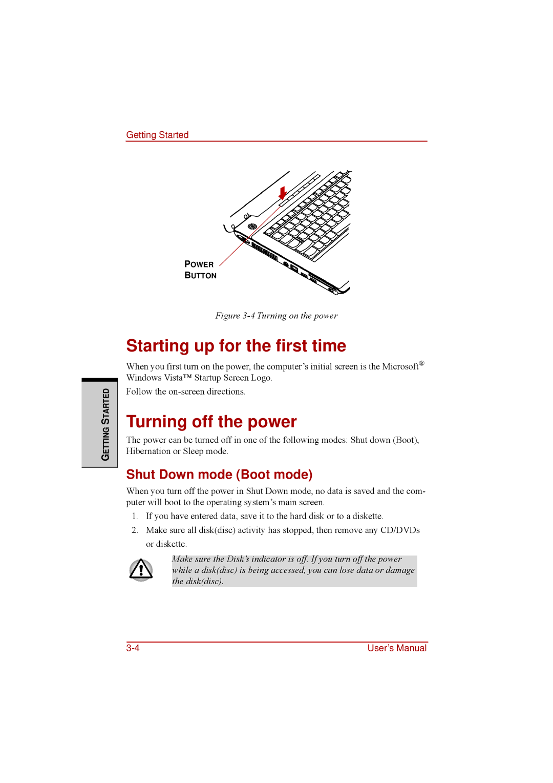 Toshiba a210 user manual Starting up for the first time, Turning off the power, Shut Down mode Boot mode 