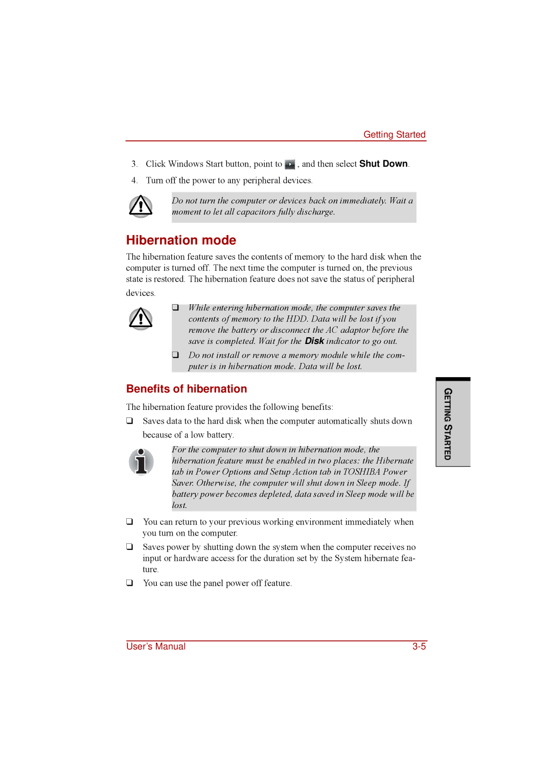 Toshiba a210 user manual Hibernation mode, Benefits of hibernation 