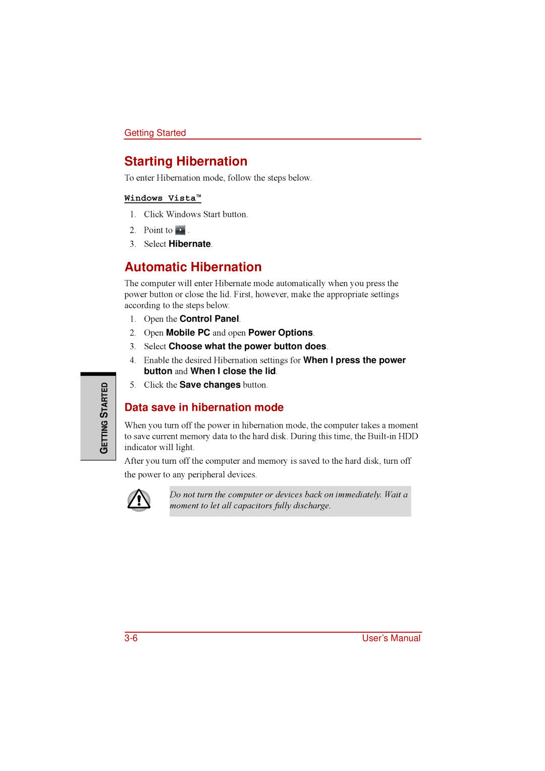 Toshiba a210 user manual Starting Hibernation, Automatic Hibernation, Data save in hibernation mode, Select Hibernate 