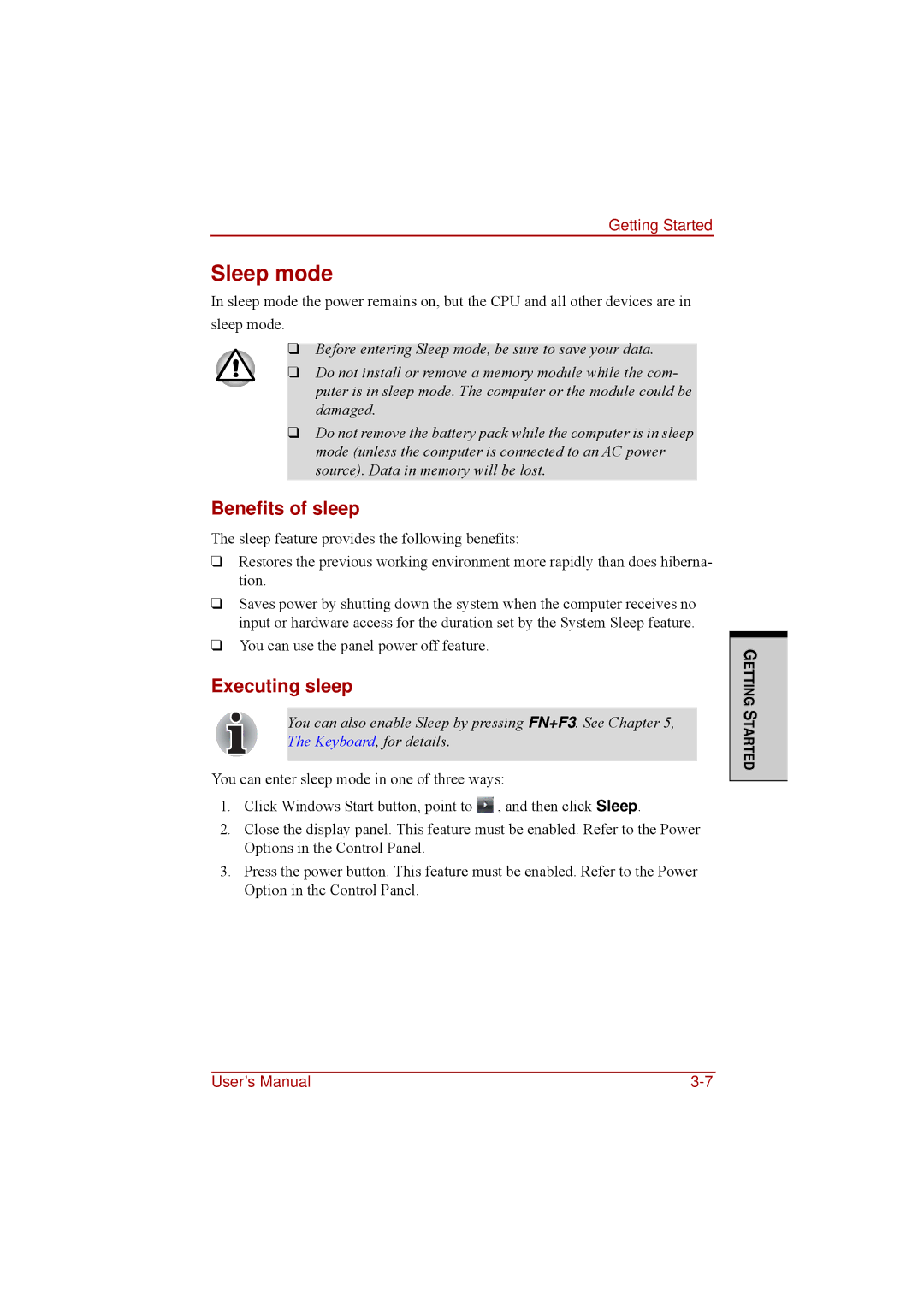 Toshiba a210 user manual Sleep mode, Benefits of sleep, Executing sleep 