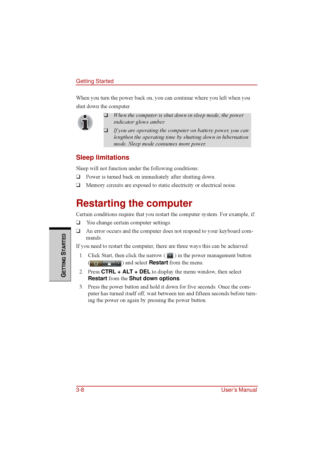 Toshiba a210 user manual Restarting the computer, Sleep limitations, Restart from the Shut down options 