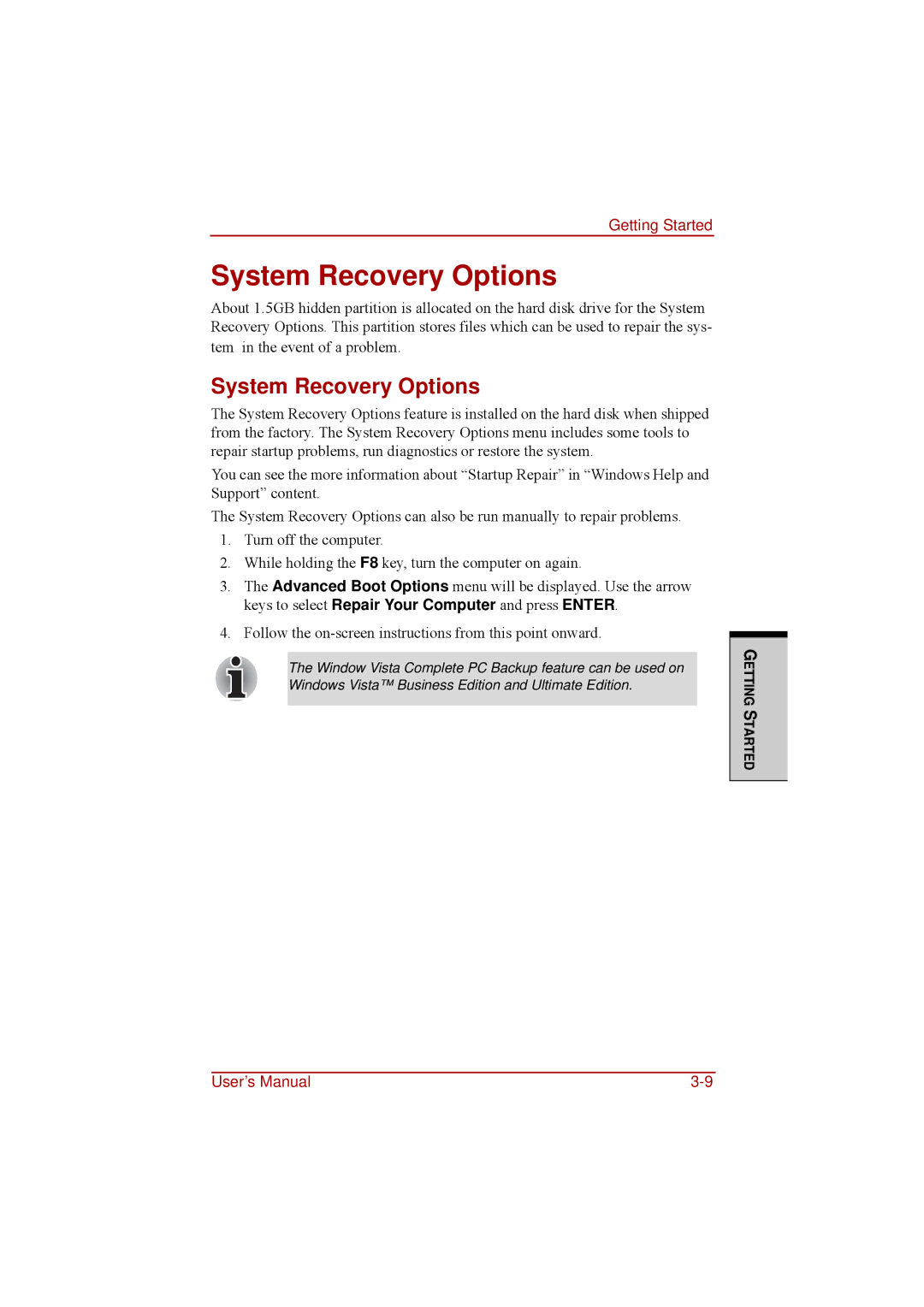 Toshiba a210 user manual System Recovery Options 