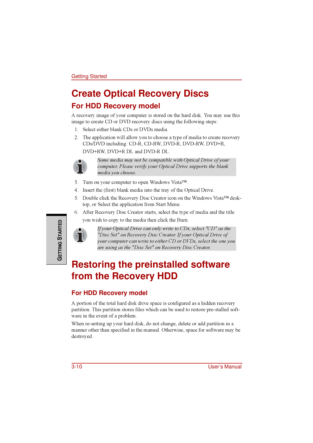 Toshiba a210 user manual Create Optical Recovery Discs, Restoring the preinstalled software from the Recovery HDD 