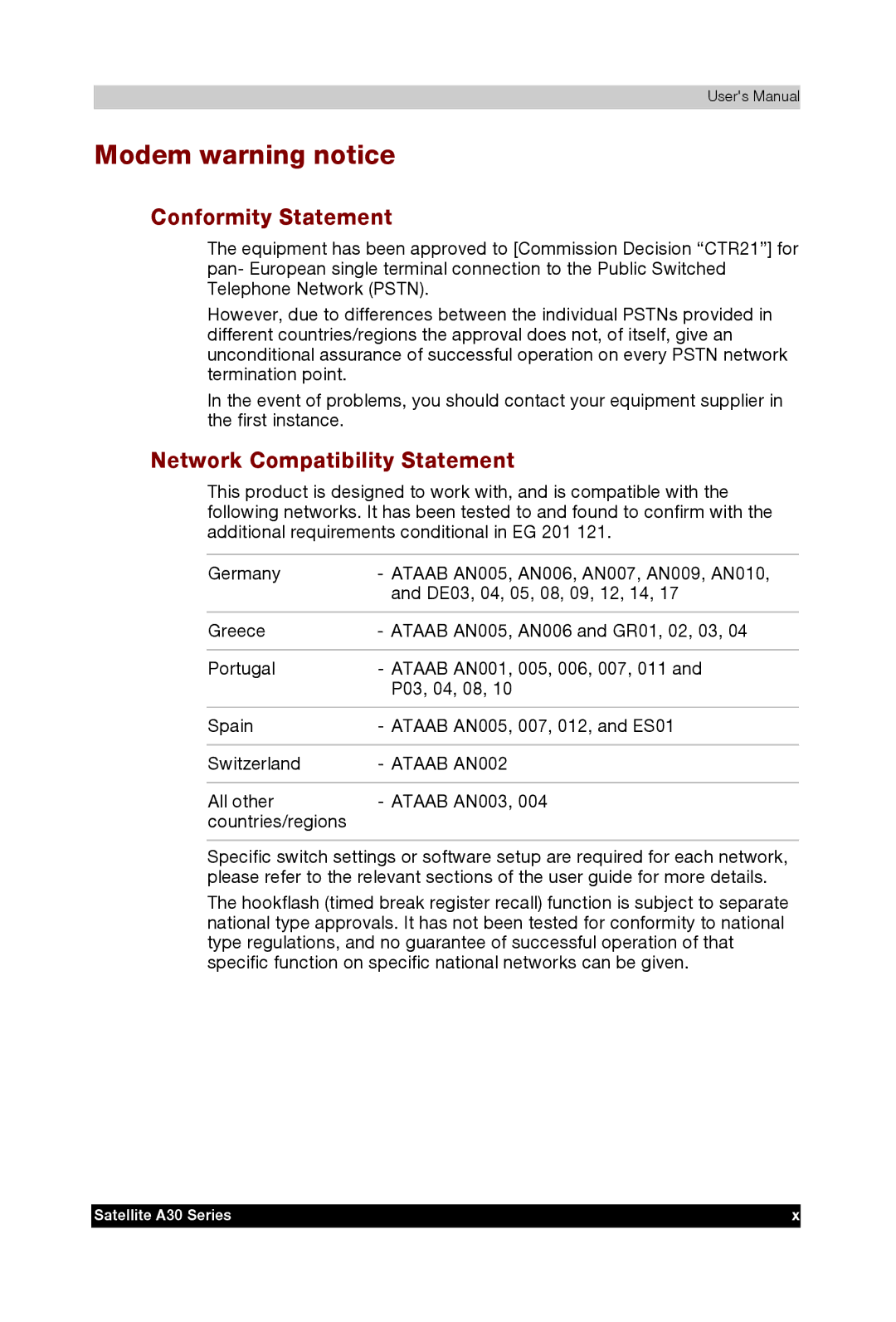 Toshiba A30 user manual Modem warning notice, Conformity Statement, Network Compatibility Statement 