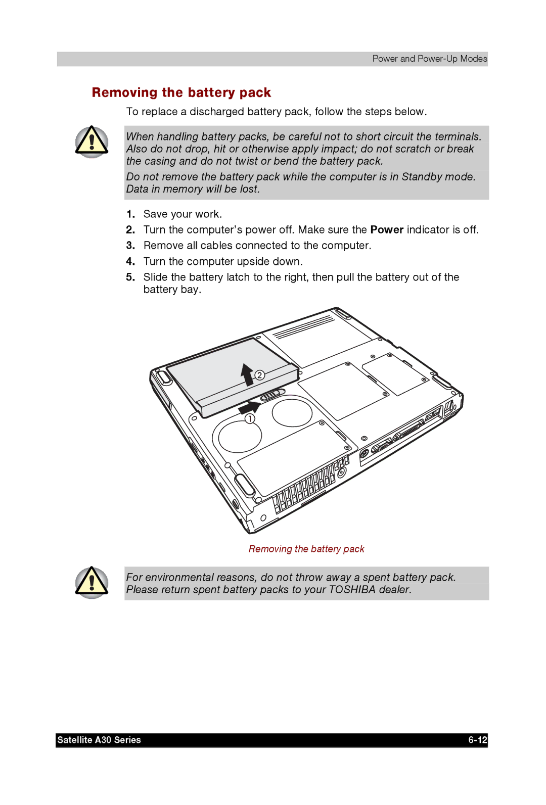 Toshiba A30 user manual Removing the battery pack 