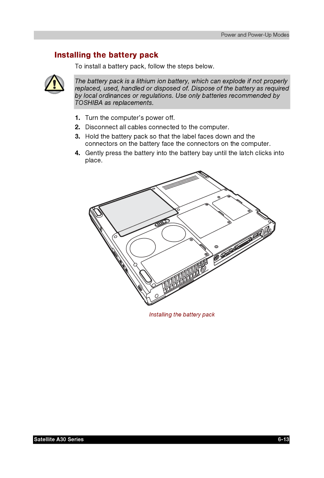 Toshiba A30 user manual Installing the battery pack 