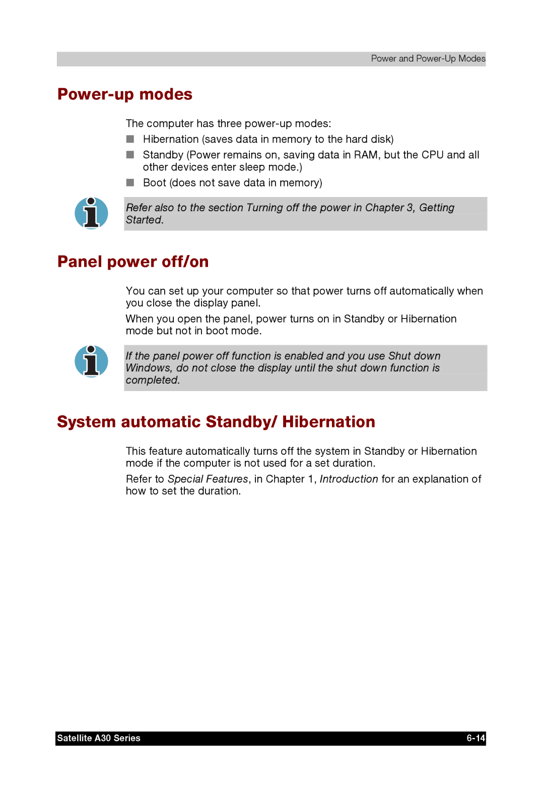 Toshiba A30 user manual Power-up modes, Panel power off/on, System automatic Standby/ Hibernation 