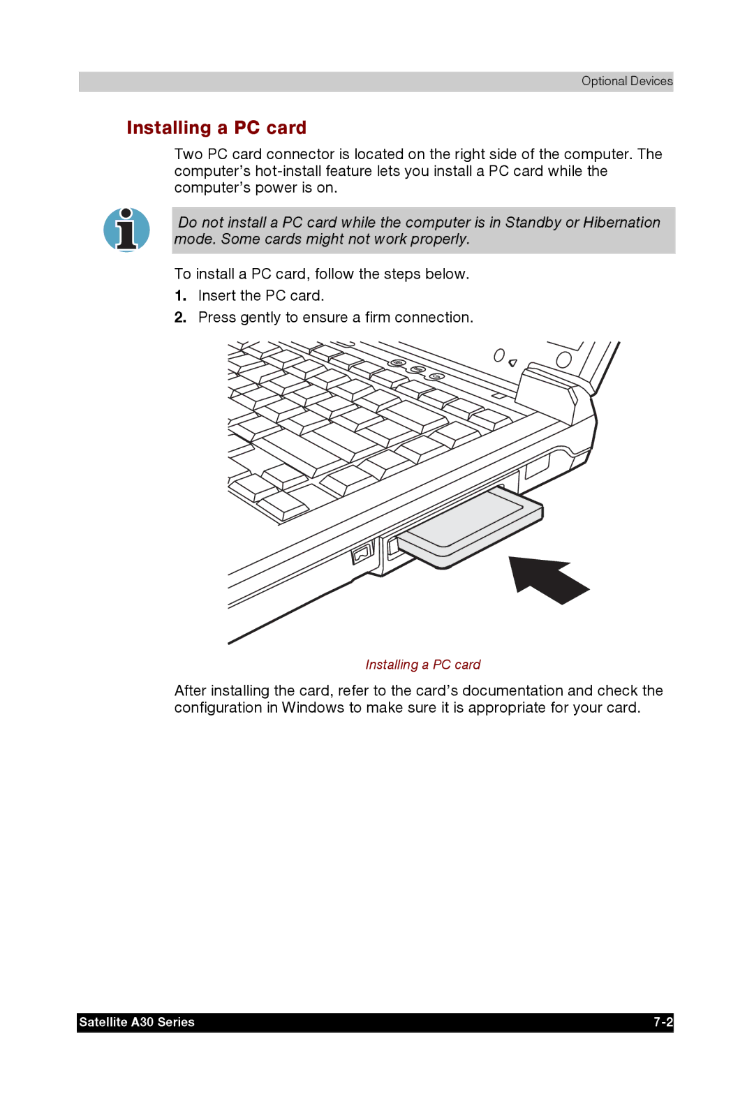 Toshiba A30 user manual Installing a PC card 