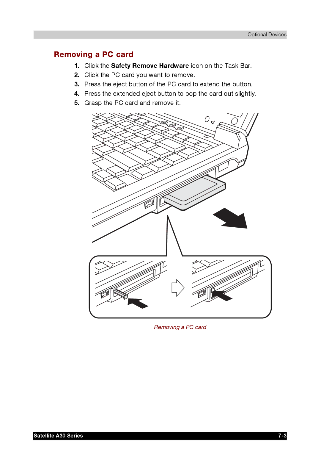 Toshiba A30 user manual Removing a PC card 