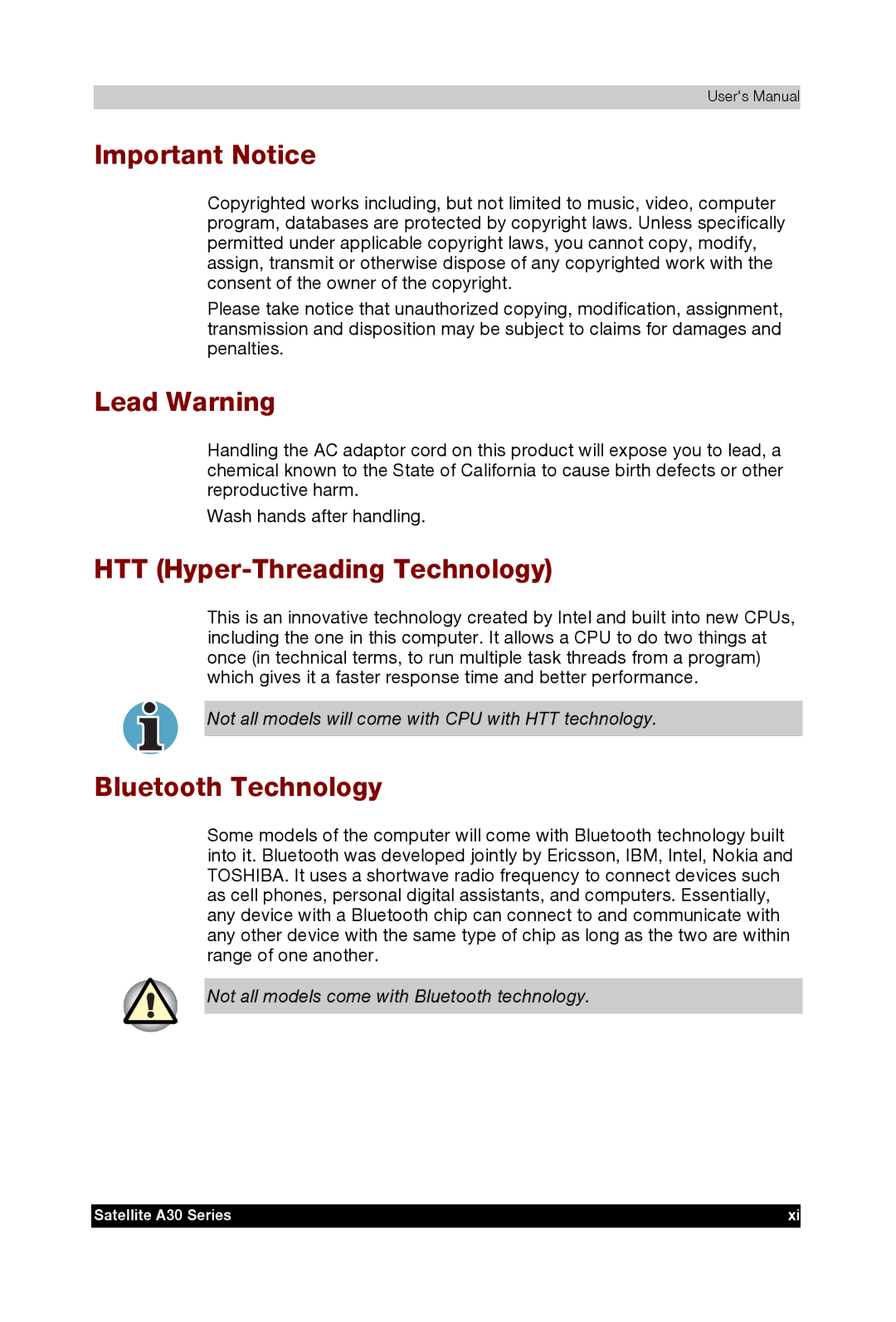 Toshiba A30 user manual Important Notice, Lead Warning, HTT Hyper-Threading Technology, Bluetooth Technology 