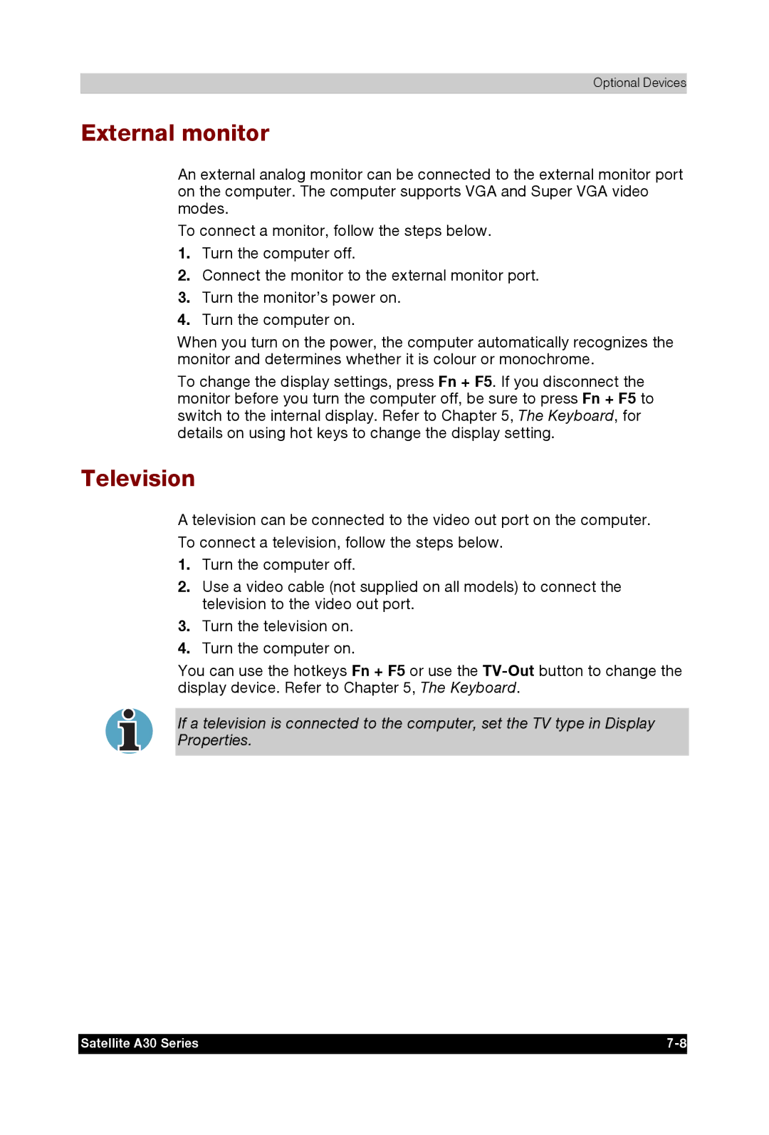 Toshiba A30 user manual External monitor, Television 