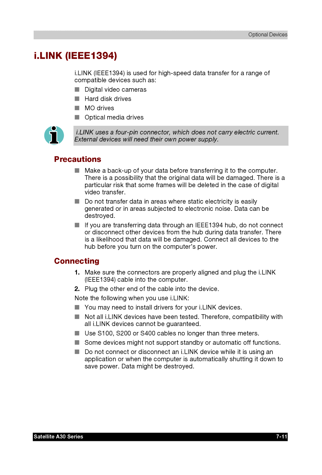 Toshiba A30 user manual Link IEEE1394, Precautions 