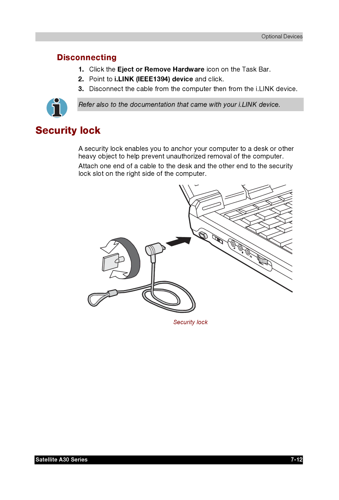 Toshiba A30 user manual Security lock, Point to i.LINK IEEE1394 device and click 