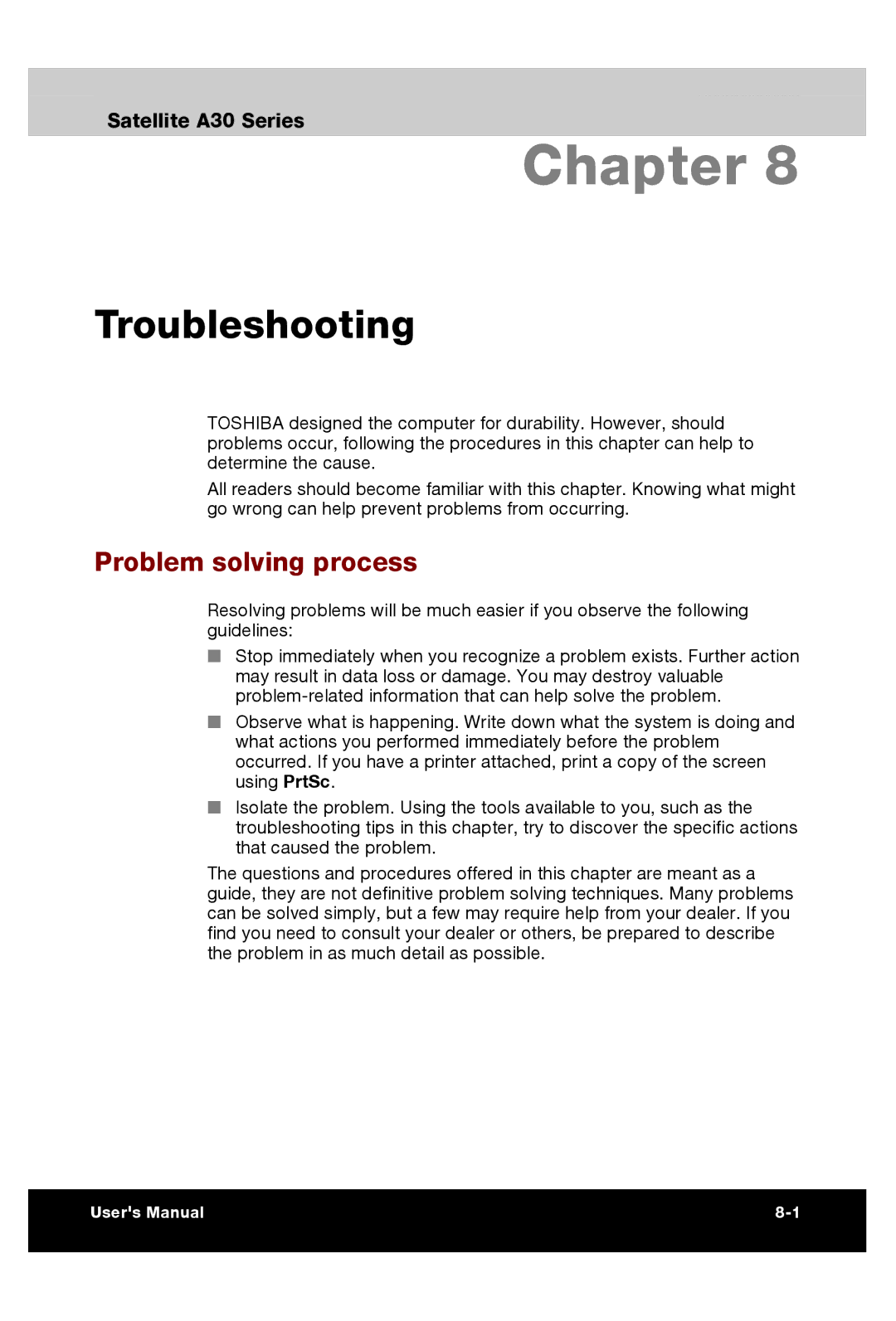 Toshiba A30 user manual Troubleshooting, Problem solving process 