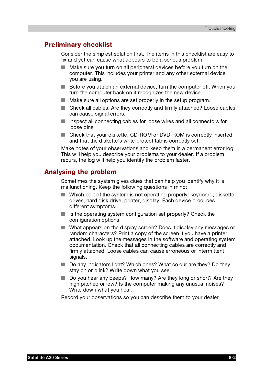 Toshiba A30 user manual Preliminary checklist, Analysing the problem 