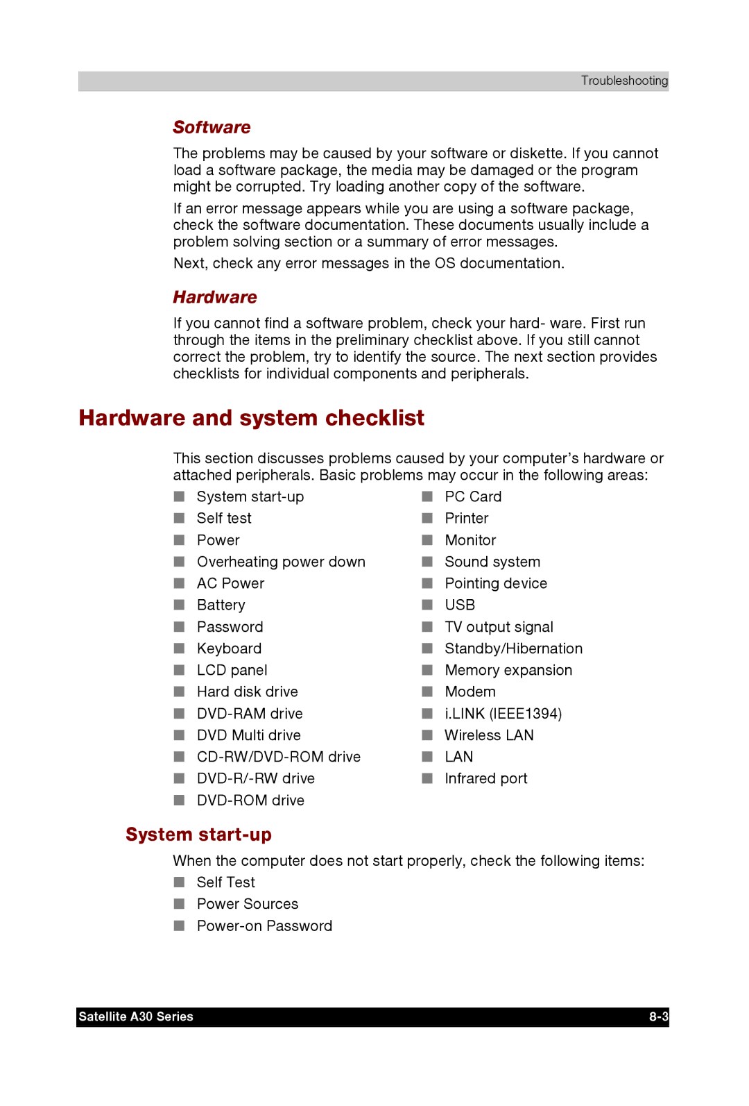 Toshiba A30 user manual Hardware and system checklist, System start-up, Software 