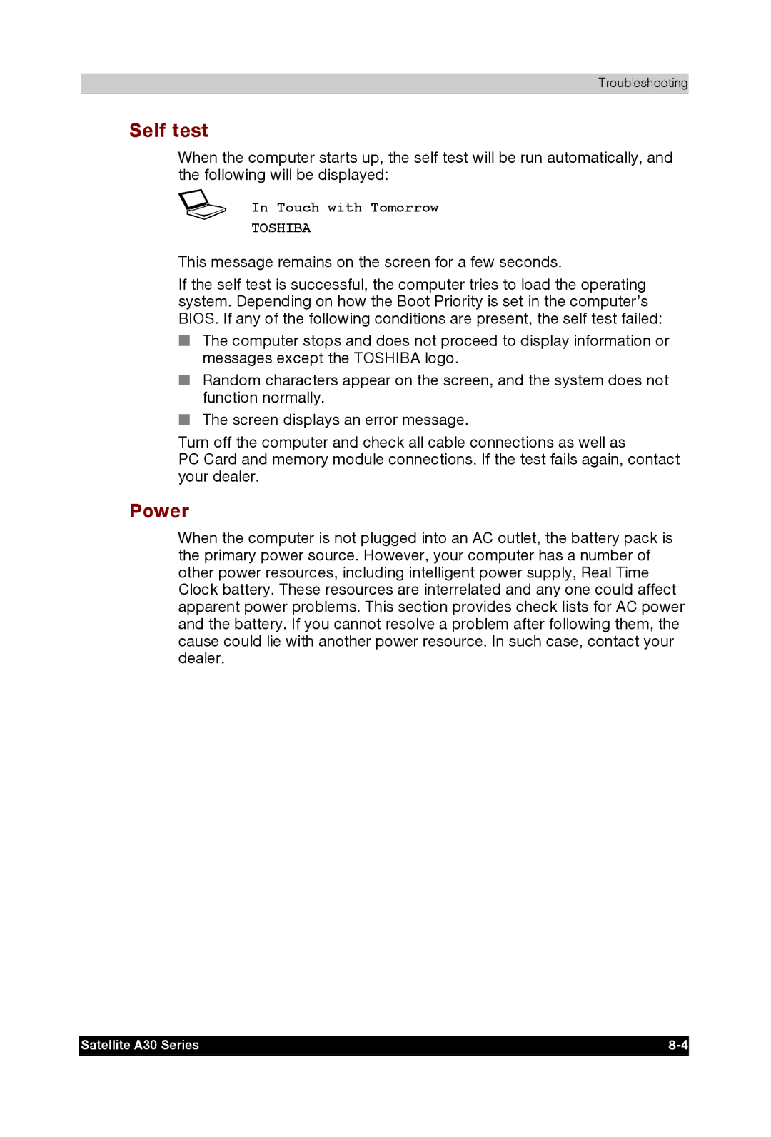 Toshiba A30 user manual Self test, Power 