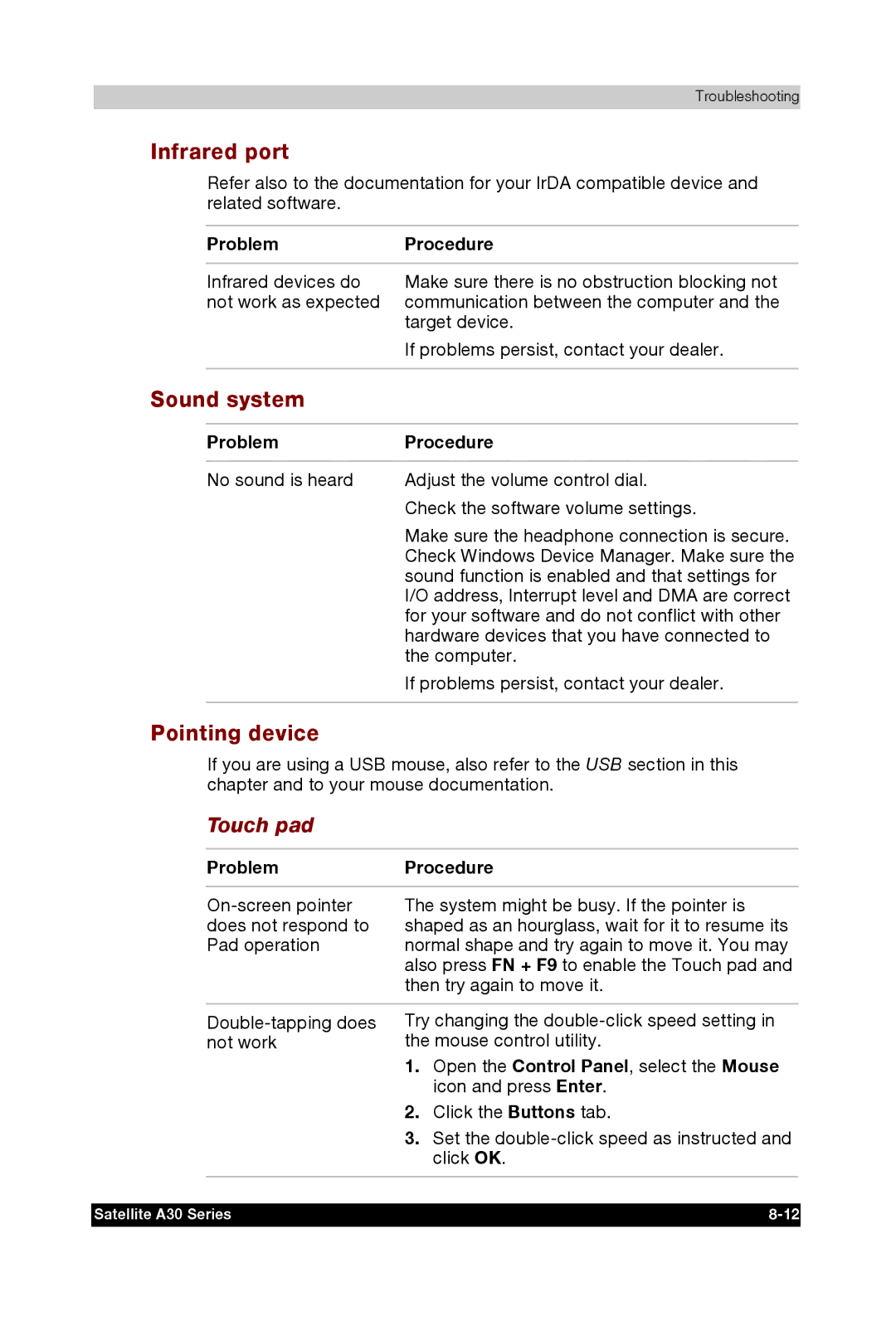 Toshiba A30 user manual Infrared port, Sound system, Pointing device, Touch pad 