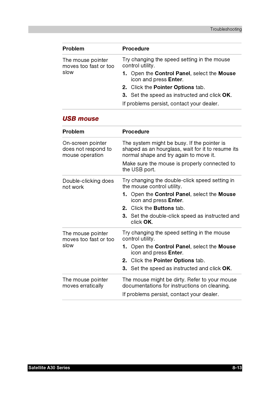 Toshiba A30 user manual USB mouse, Click the Pointer Options tab 