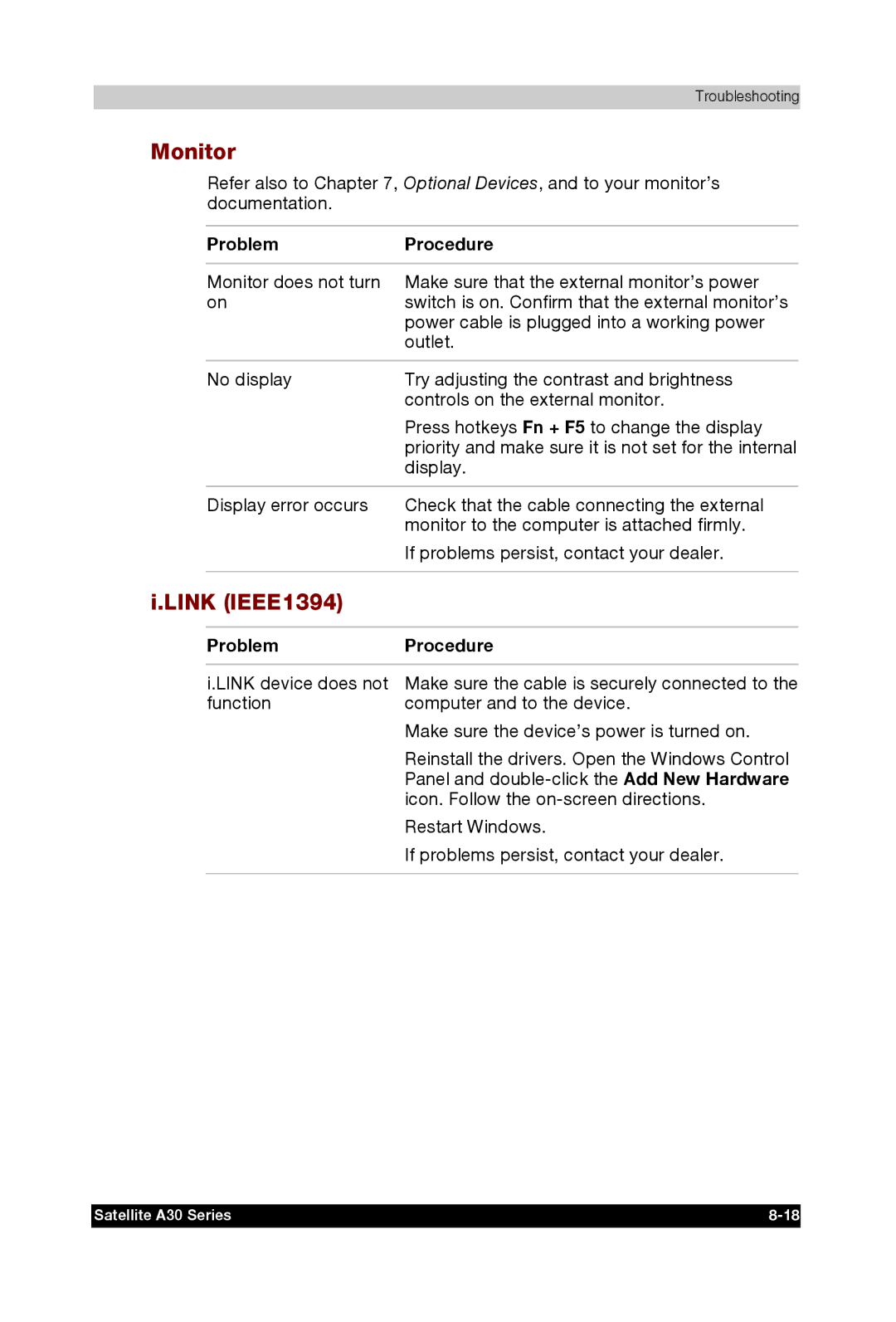 Toshiba A30 user manual Monitor, Link IEEE1394 