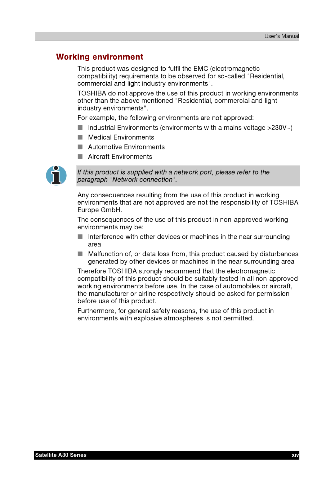 Toshiba A30 user manual Working environment 