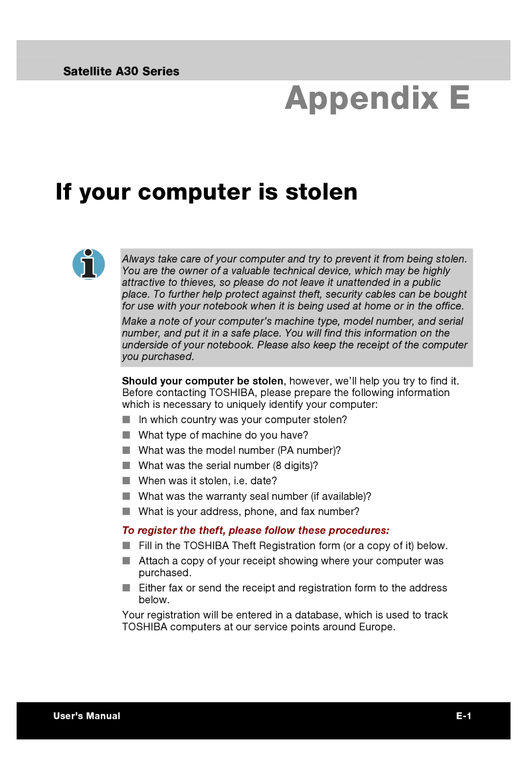 Toshiba A30 user manual Appendix E, If your computer is stolen 