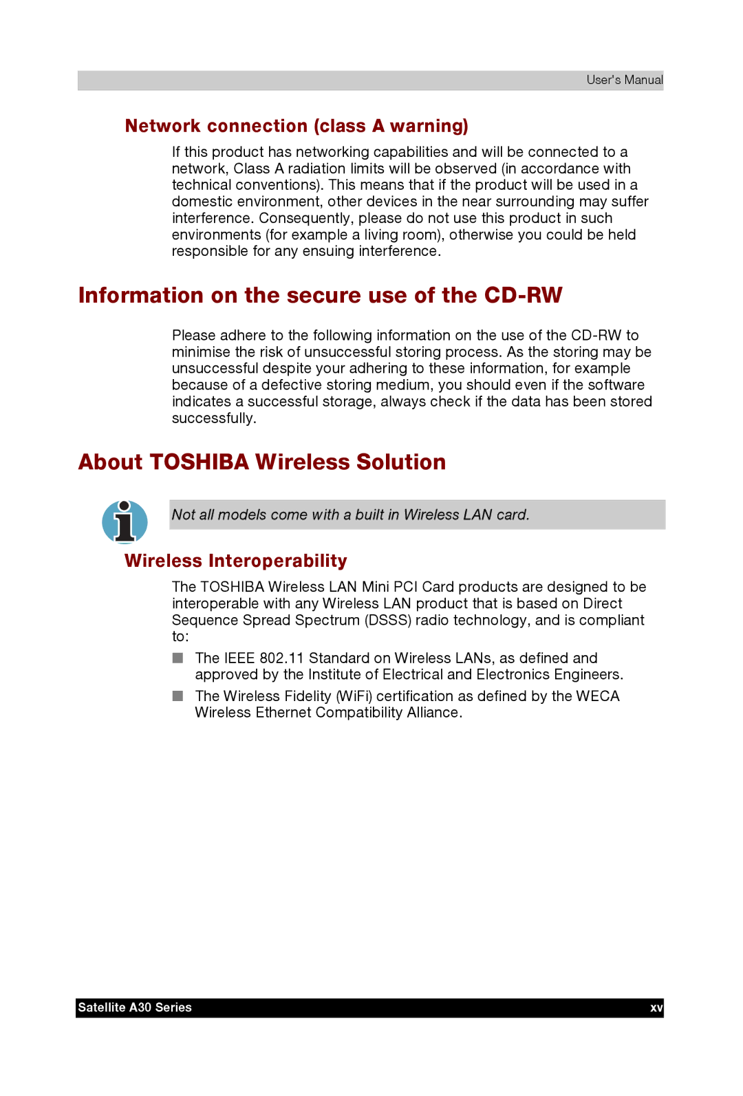 Toshiba A30 Information on the secure use of the CD-RW, About Toshiba Wireless Solution, Wireless Interoperability 