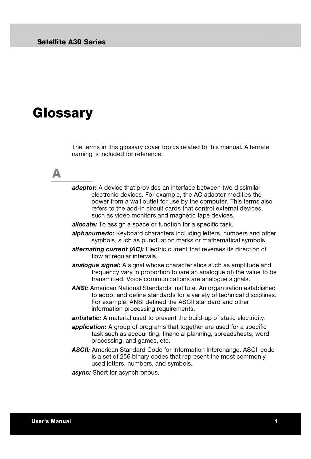 Toshiba A30 user manual Glossary 