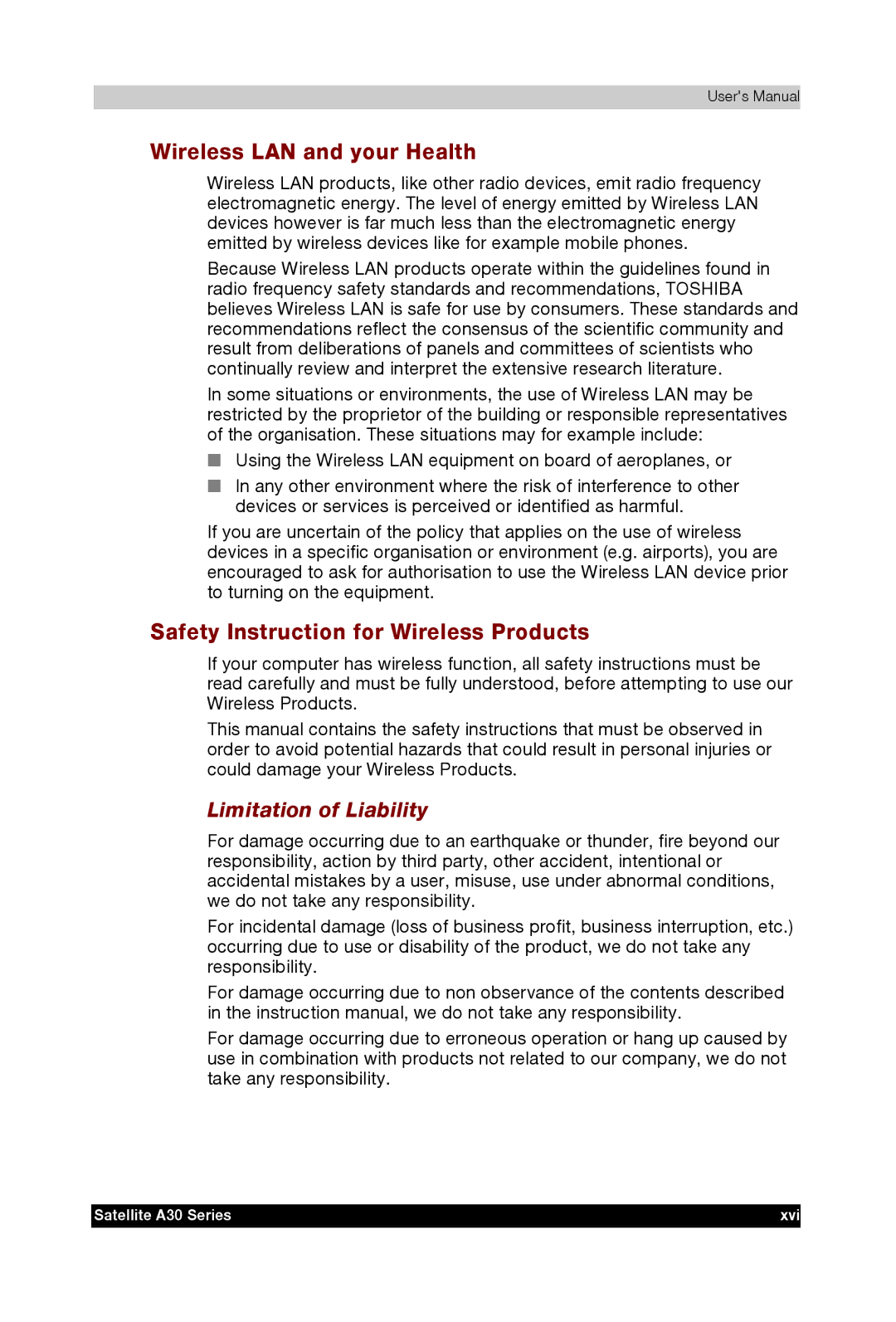 Toshiba A30 user manual Wireless LAN and your Health, Safety Instruction for Wireless Products, Limitation of Liability 