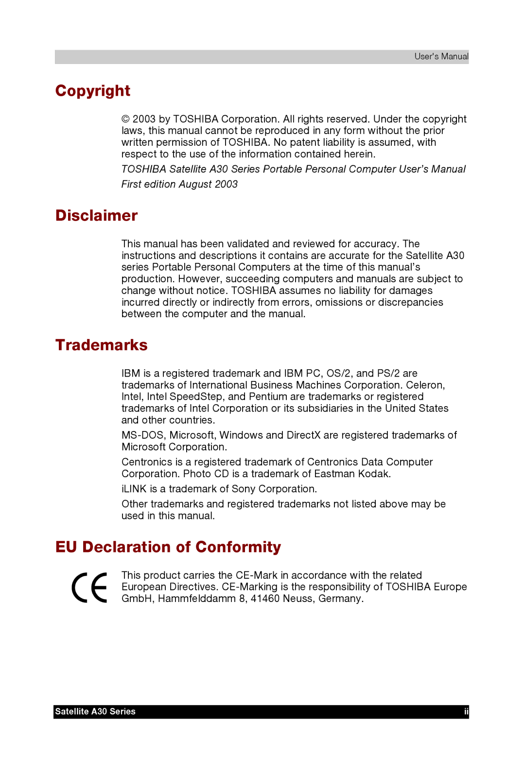 Toshiba A30 user manual Copyright, Disclaimer, Trademarks, EU Declaration of Conformity 