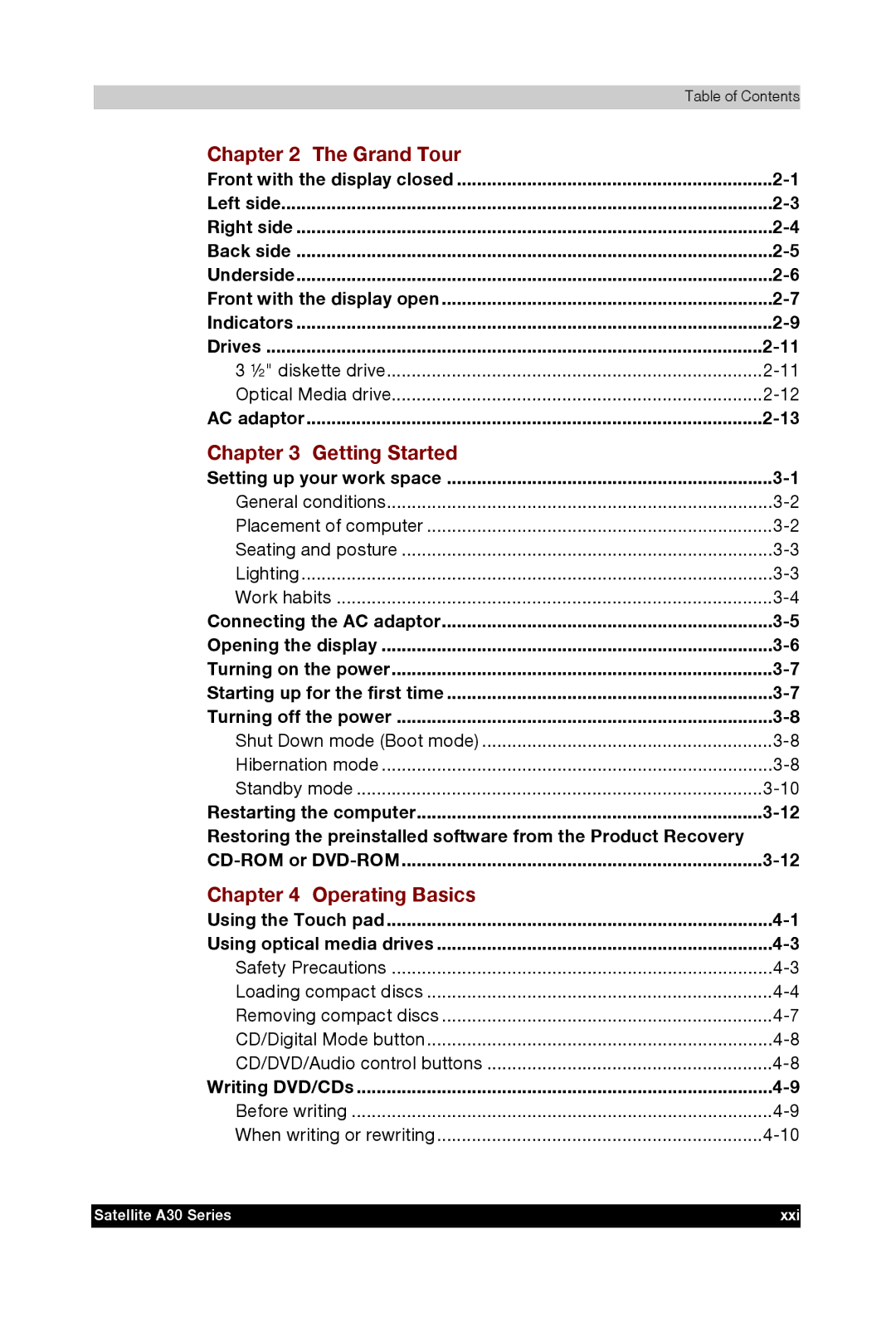 Toshiba A30 user manual Using the Touch pad Using optical media drives, Writing DVD/CDs 