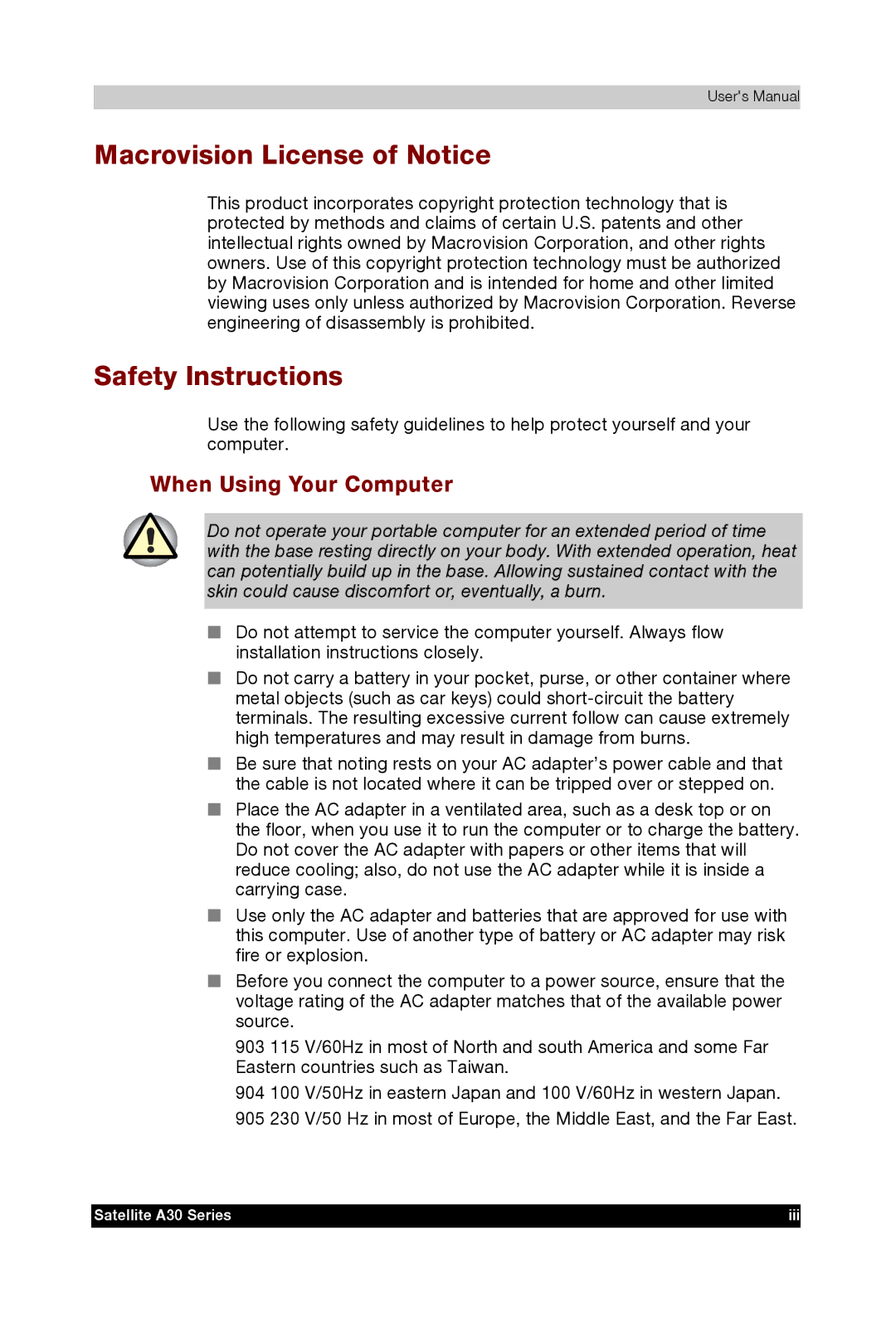 Toshiba A30 user manual Macrovision License of Notice, Safety Instructions, When Using Your Computer 