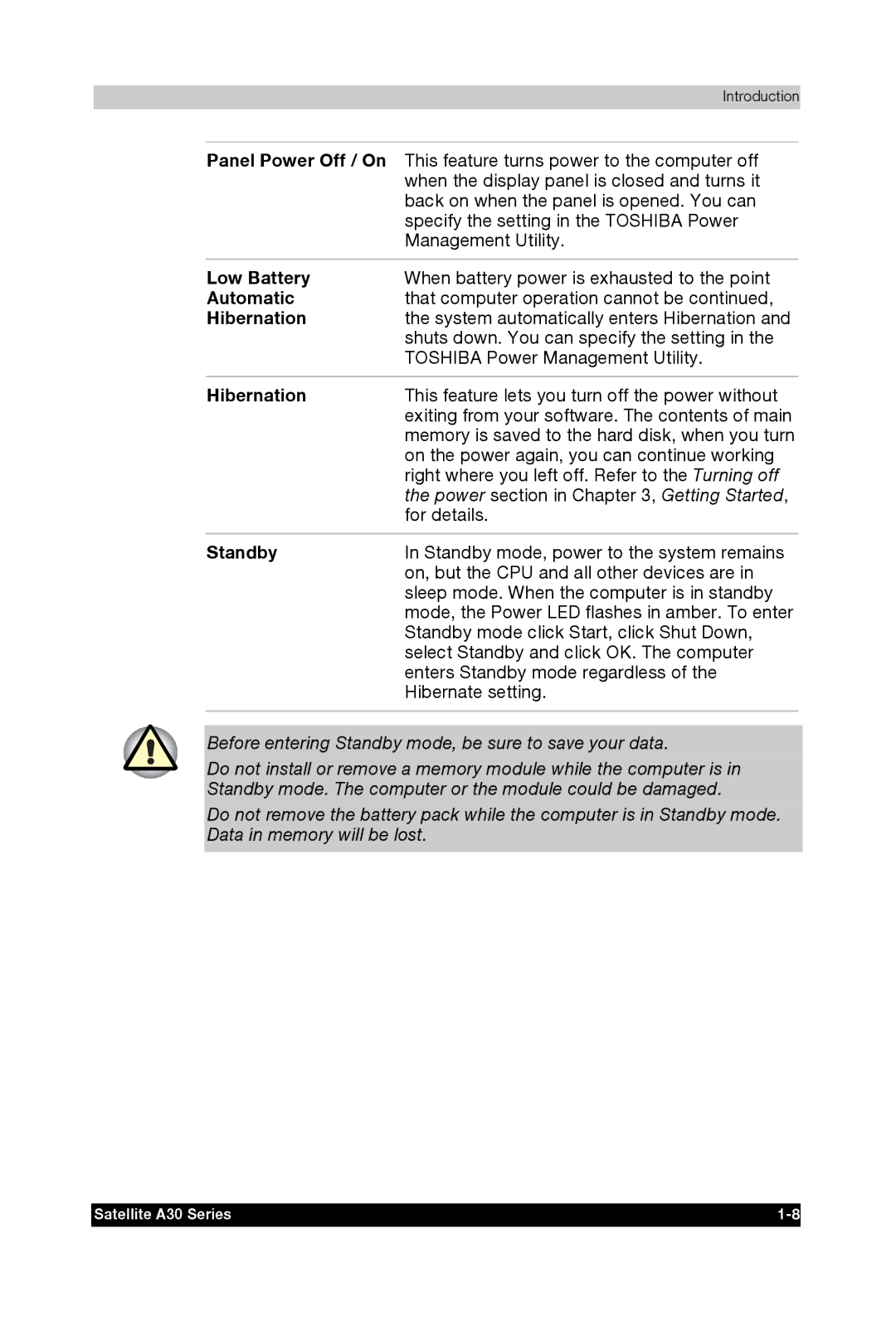 Toshiba A30 user manual Low Battery, Automatic, Hibernation, Standby 