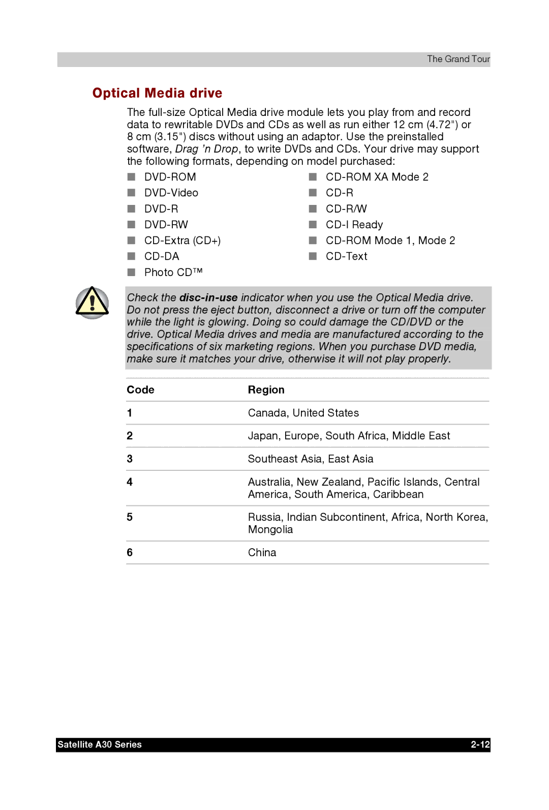 Toshiba A30 user manual Optical Media drive, Mongolia, China 