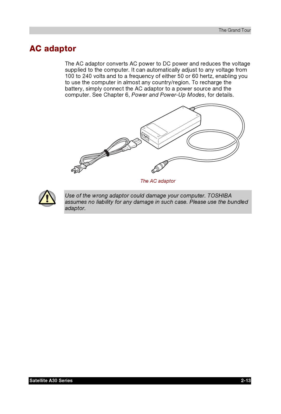 Toshiba A30 user manual AC adaptor 