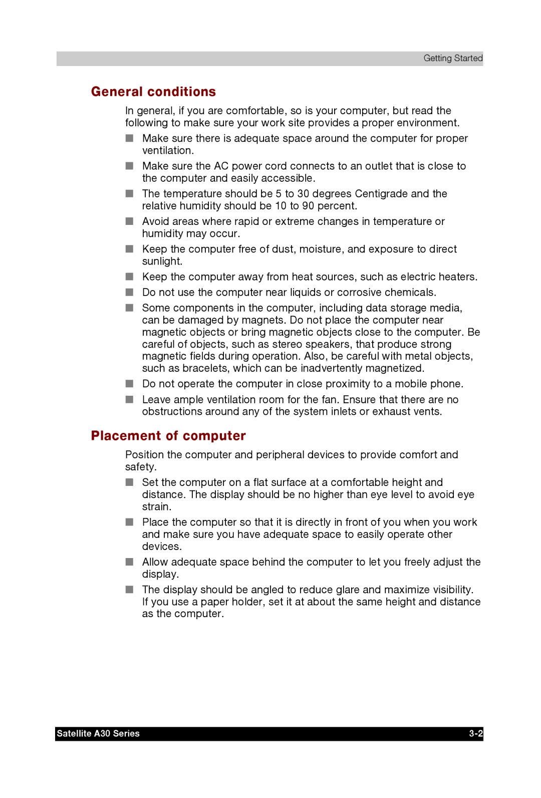 Toshiba A30 user manual General conditions, Placement of computer 