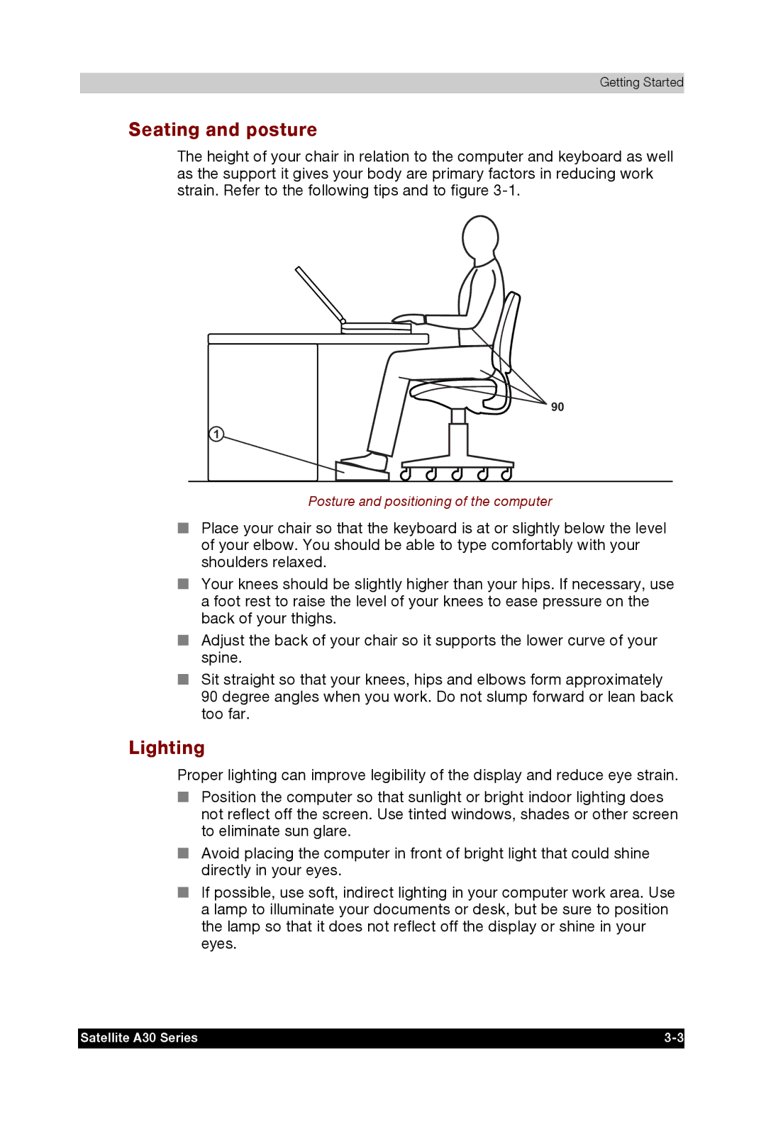 Toshiba A30 user manual Seating and posture, Lighting 