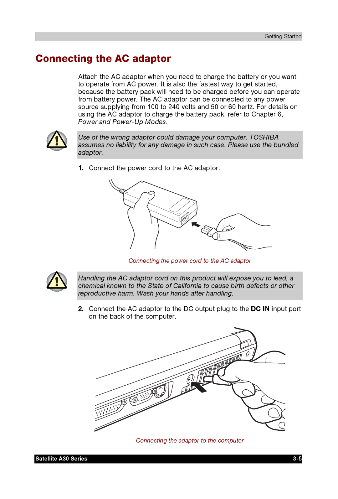 Toshiba A30 user manual Connecting the AC adaptor 