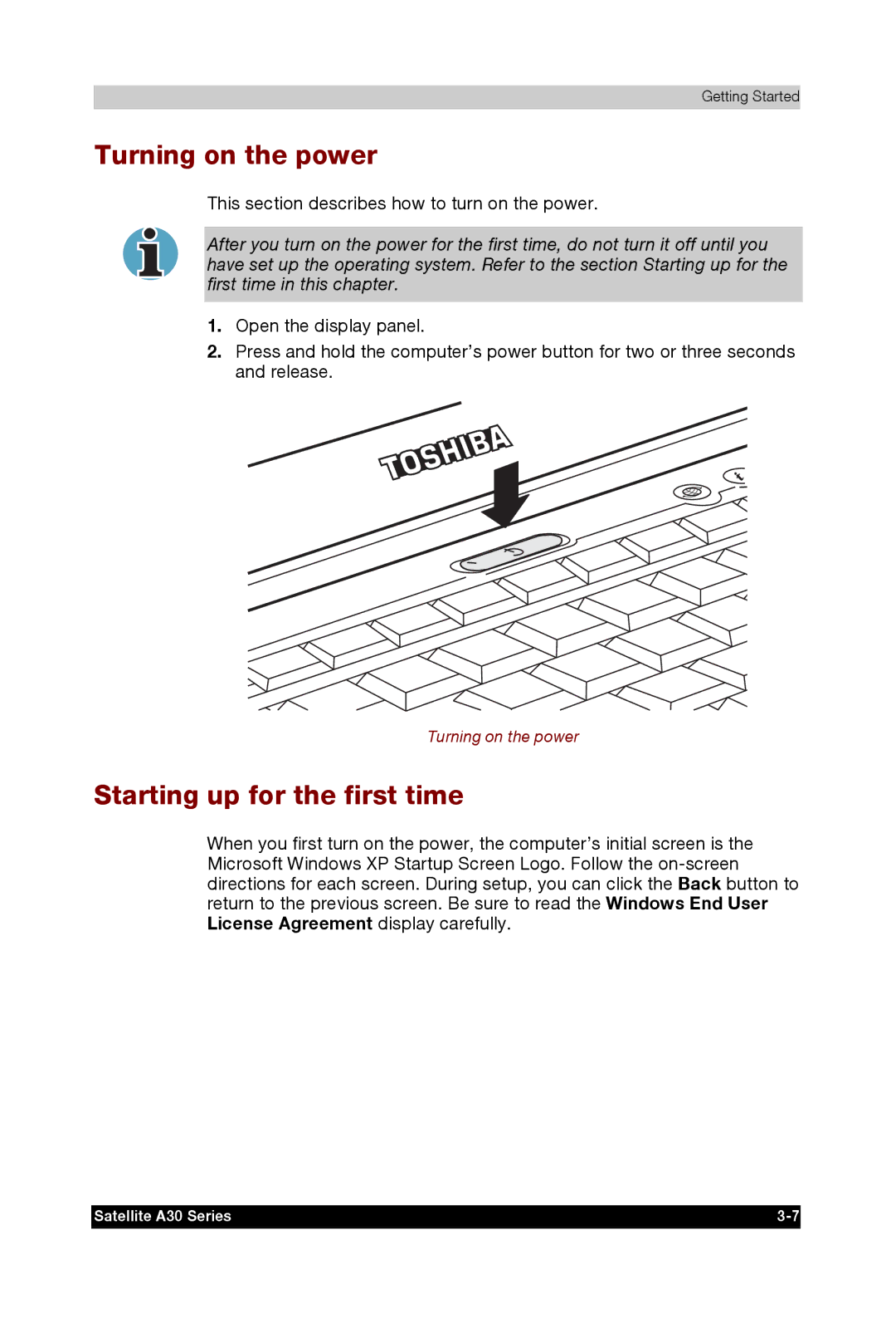Toshiba A30 user manual Turning on the power, Starting up for the first time 