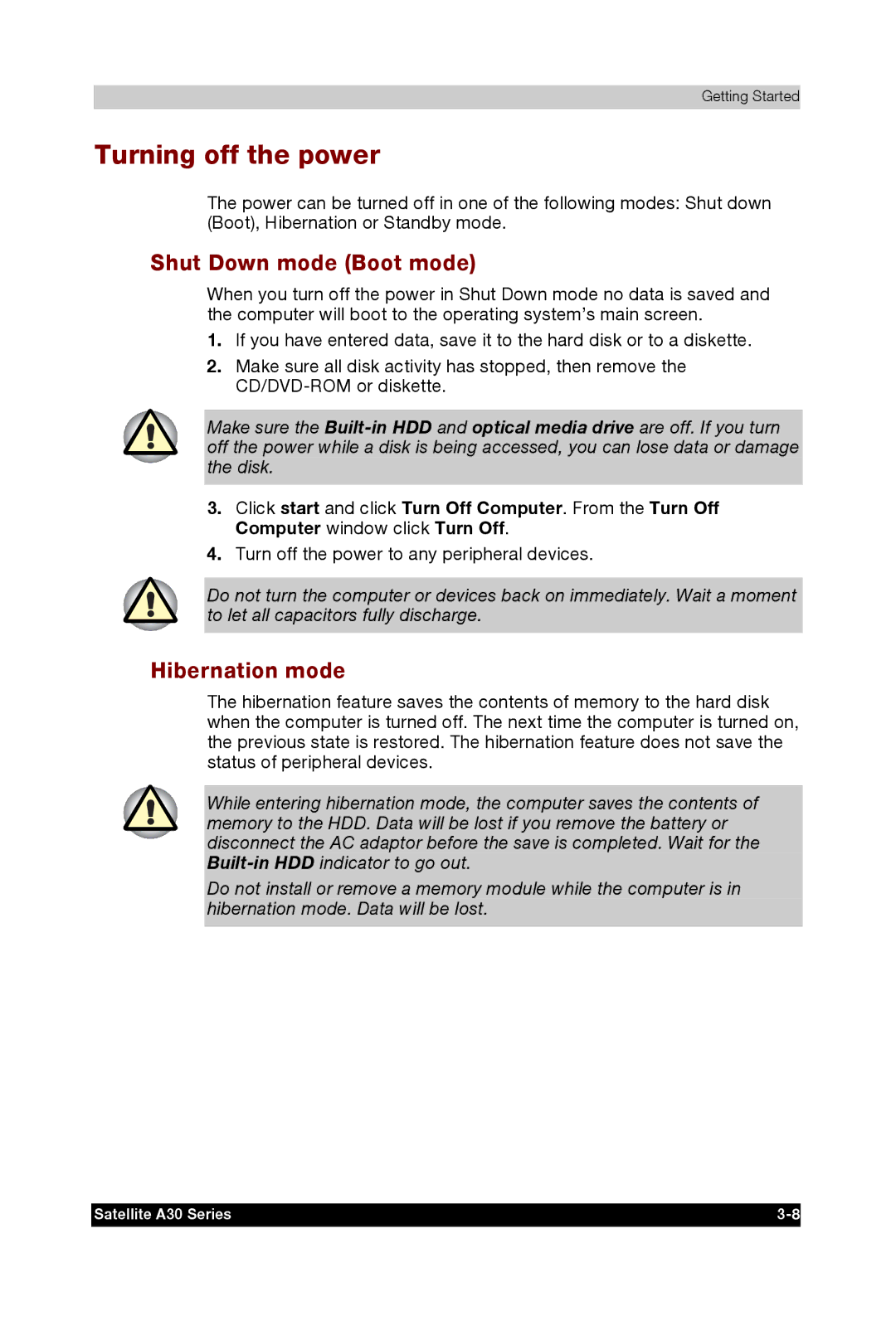 Toshiba A30 user manual Turning off the power, Shut Down mode Boot mode, Hibernation mode 