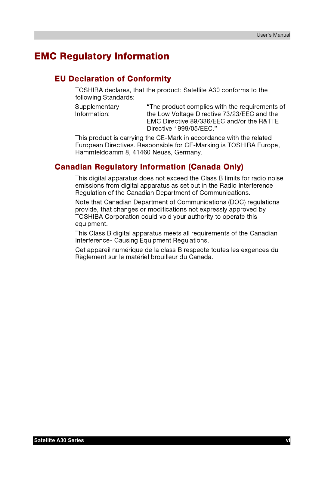 Toshiba A30 EMC Regulatory Information, EU Declaration of Conformity, Canadian Regulatory Information Canada Only 