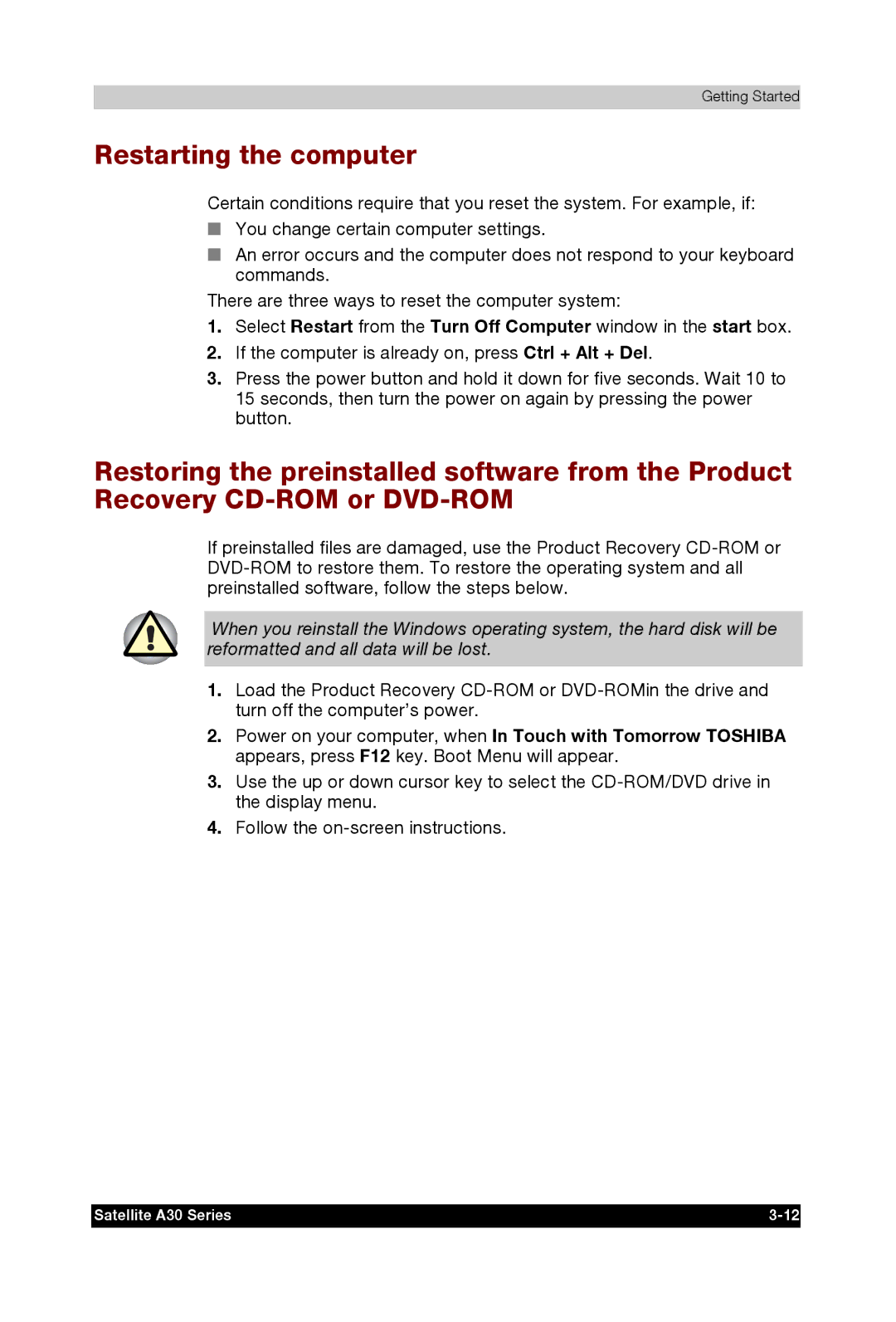 Toshiba A30 user manual Restarting the computer 