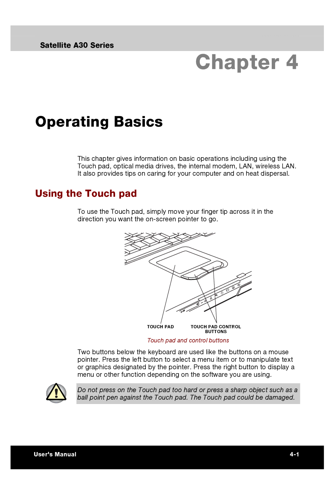 Toshiba A30 user manual Operating Basics, Using the Touch pad 