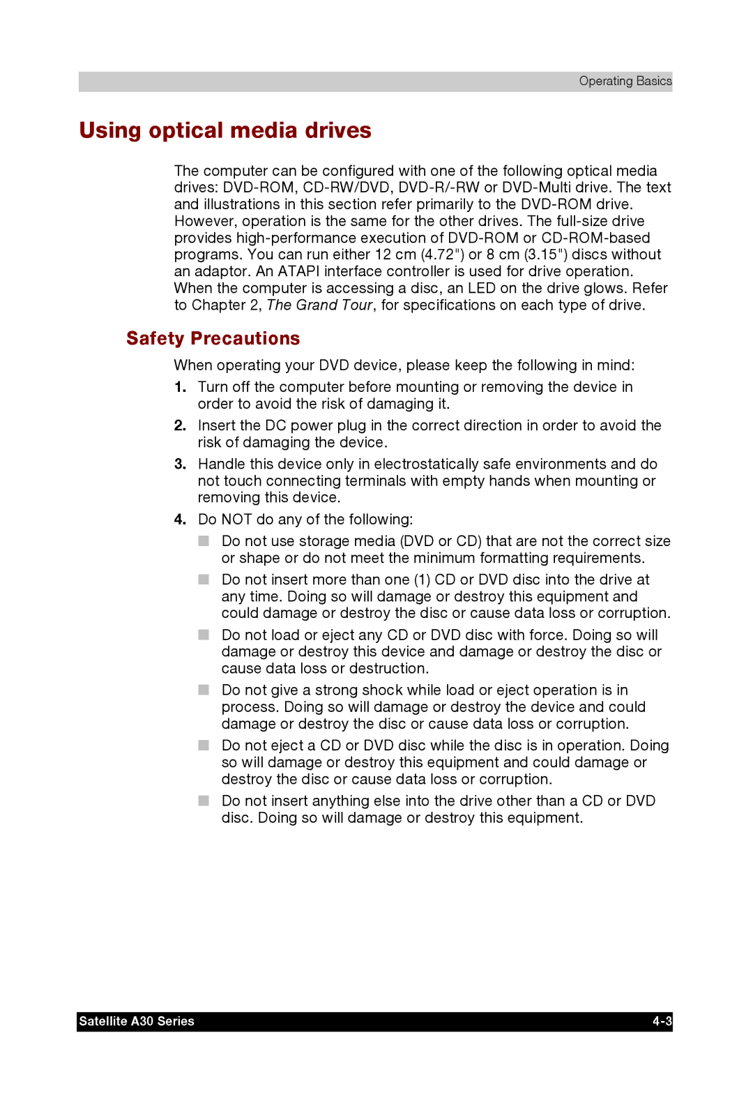 Toshiba A30 user manual Using optical media drives, Safety Precautions 