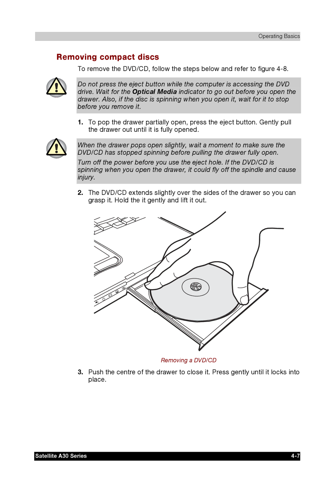 Toshiba A30 user manual Removing compact discs 