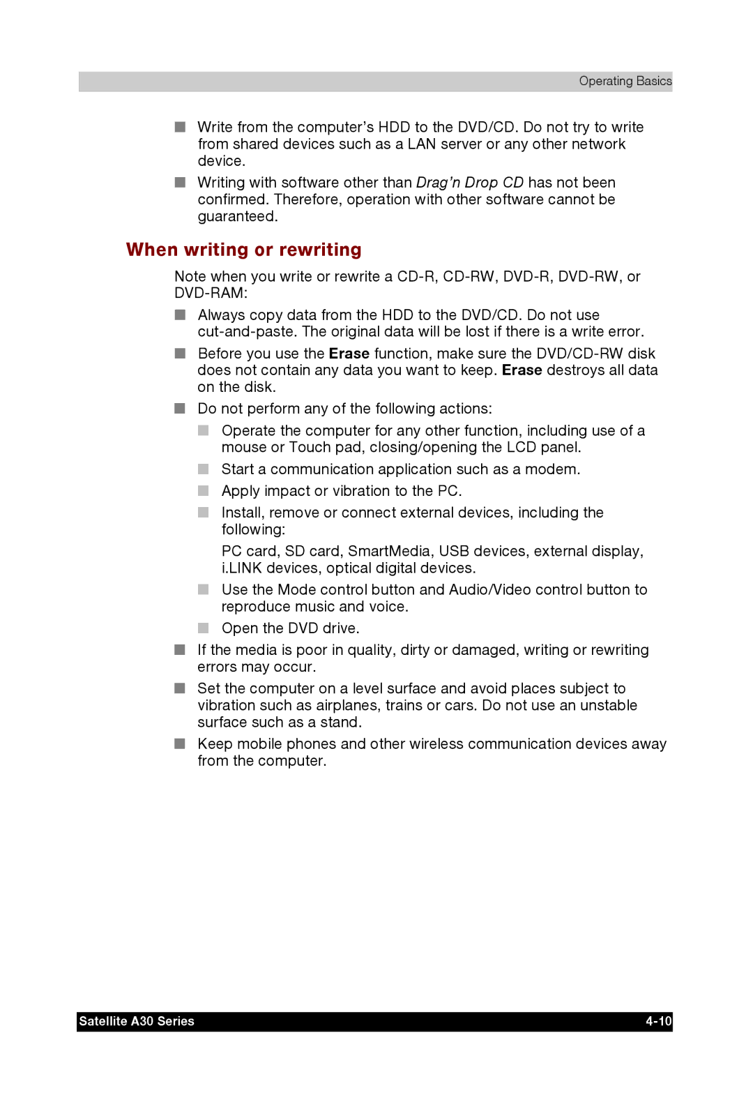 Toshiba A30 user manual When writing or rewriting 